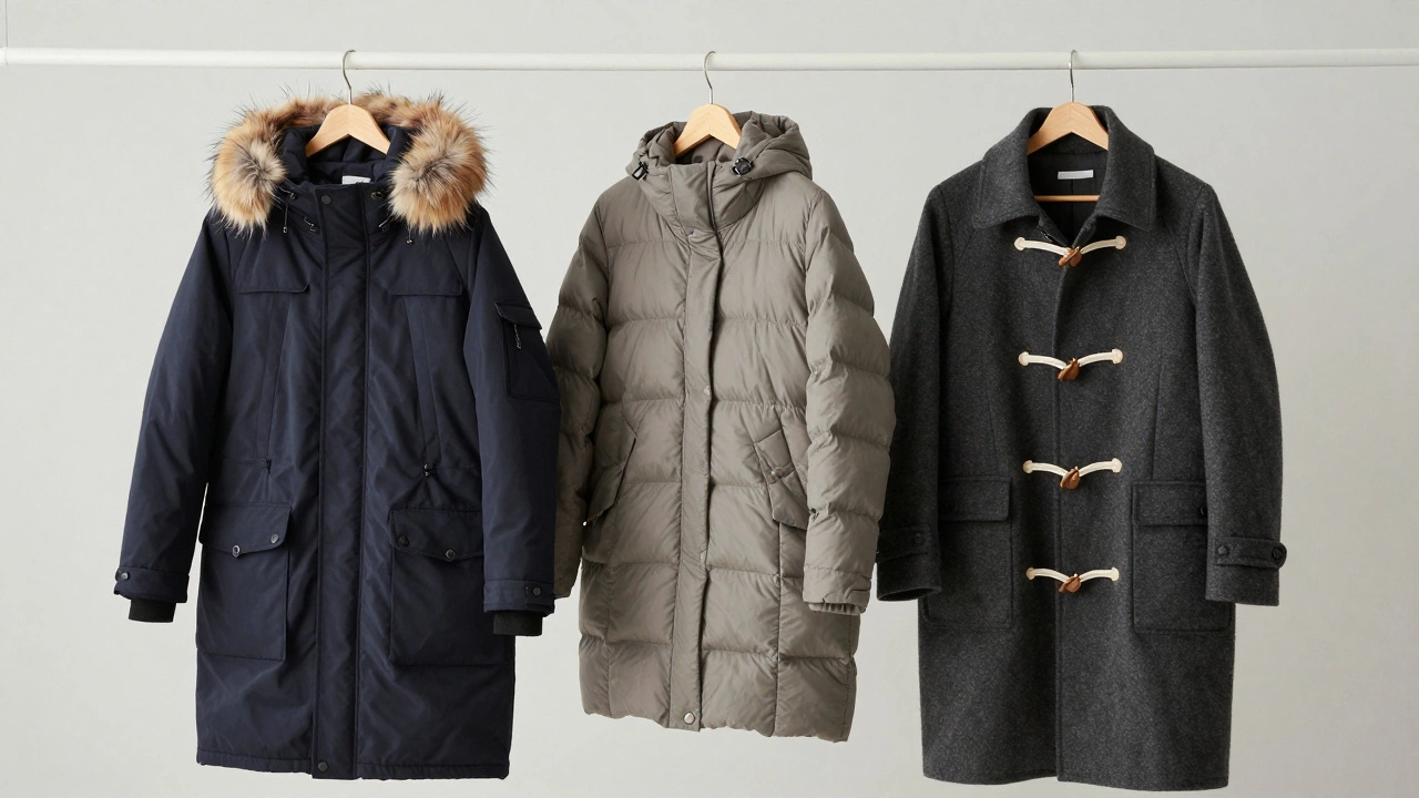 Parka, puffer jacket, and duffle coat displayed on a rack