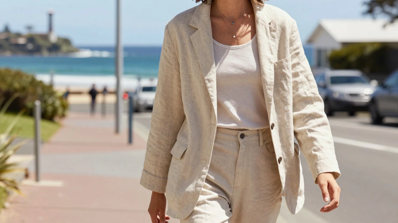 Person wearing loose beige linen blazer in summer breeze