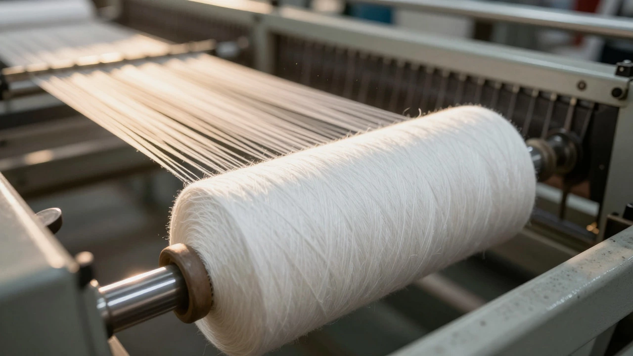 Ring-spinning machine twisting high-quality cotton yarn in a textile factory
