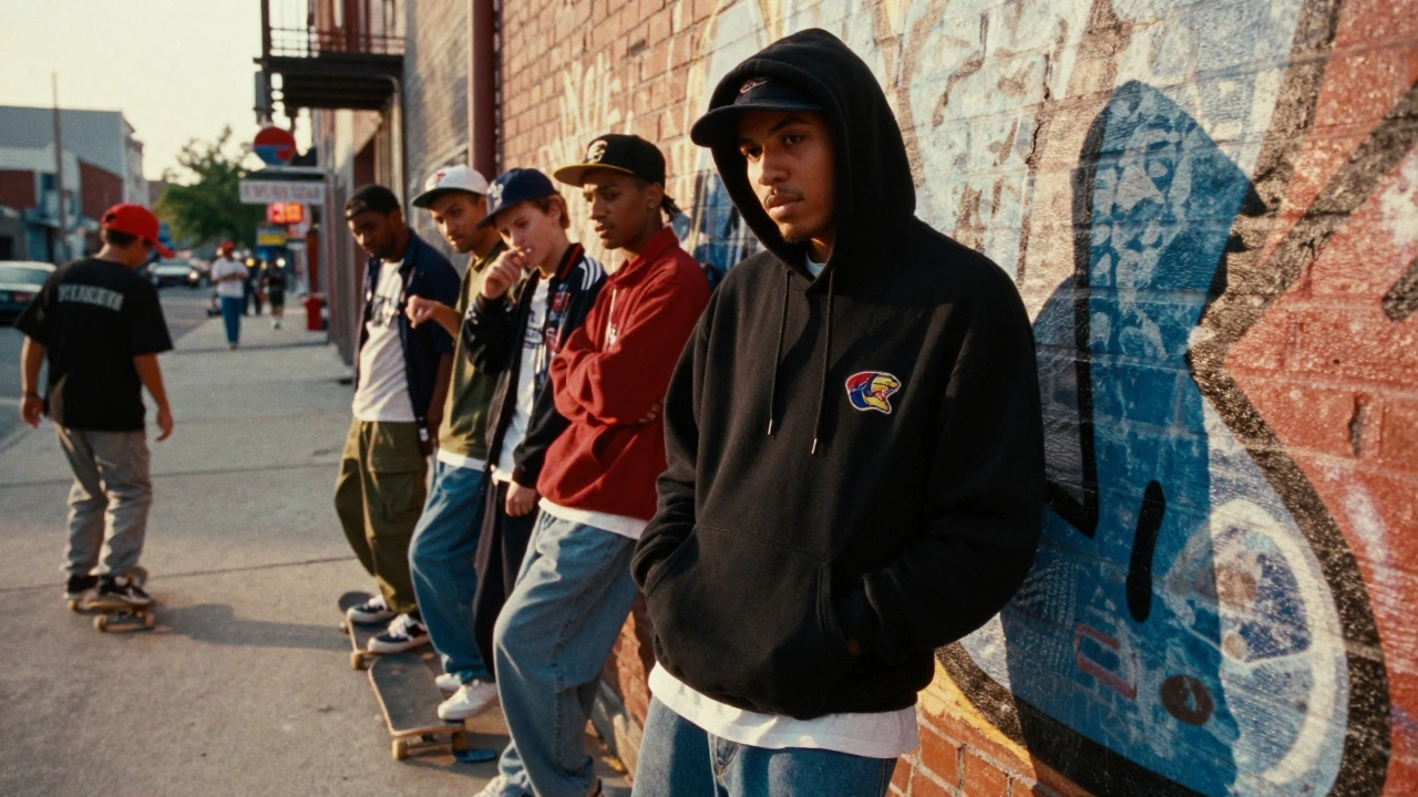 Street scene showing a person in a black hoodie amidst urban graffiti, representing streetwear culture.
