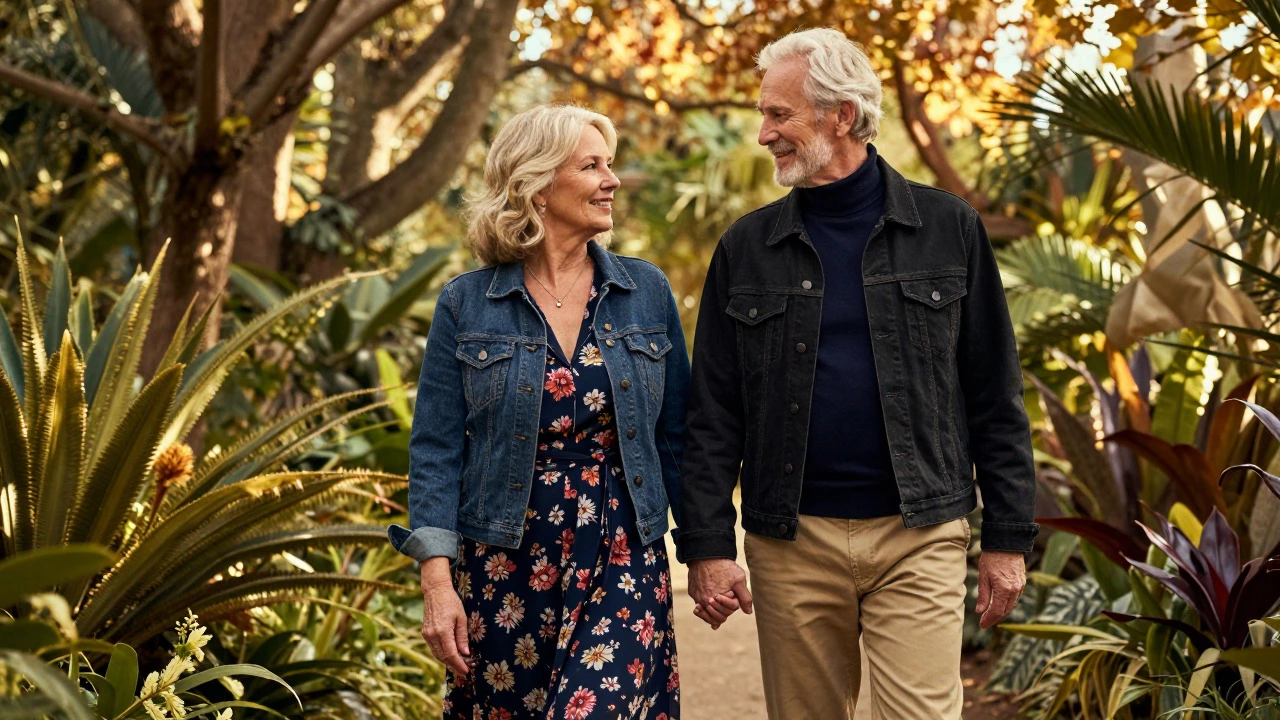 Stylish senior couple wearing denim jackets while walking in a garden