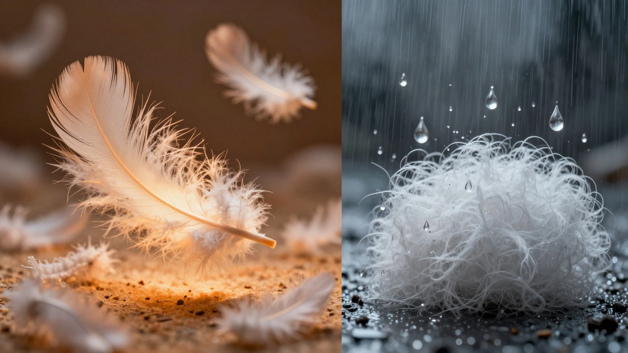 Visual comparison of down feathers and synthetic insulation