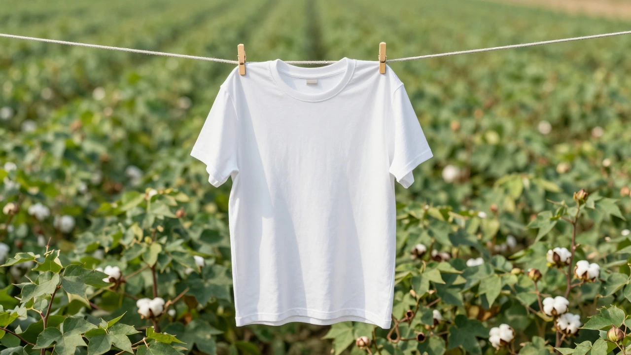White organic cotton t-shirt hanging on a line near green cotton fields