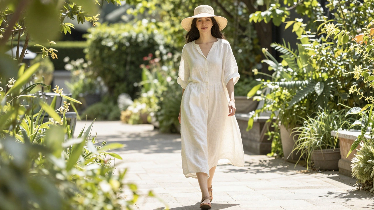 Woman in loose linen dress and straw hat walking in garden