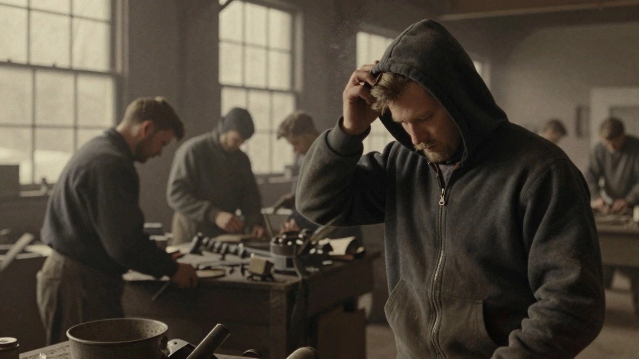 1930s workers wearing hooded sweatshirts in a cold industrial setting