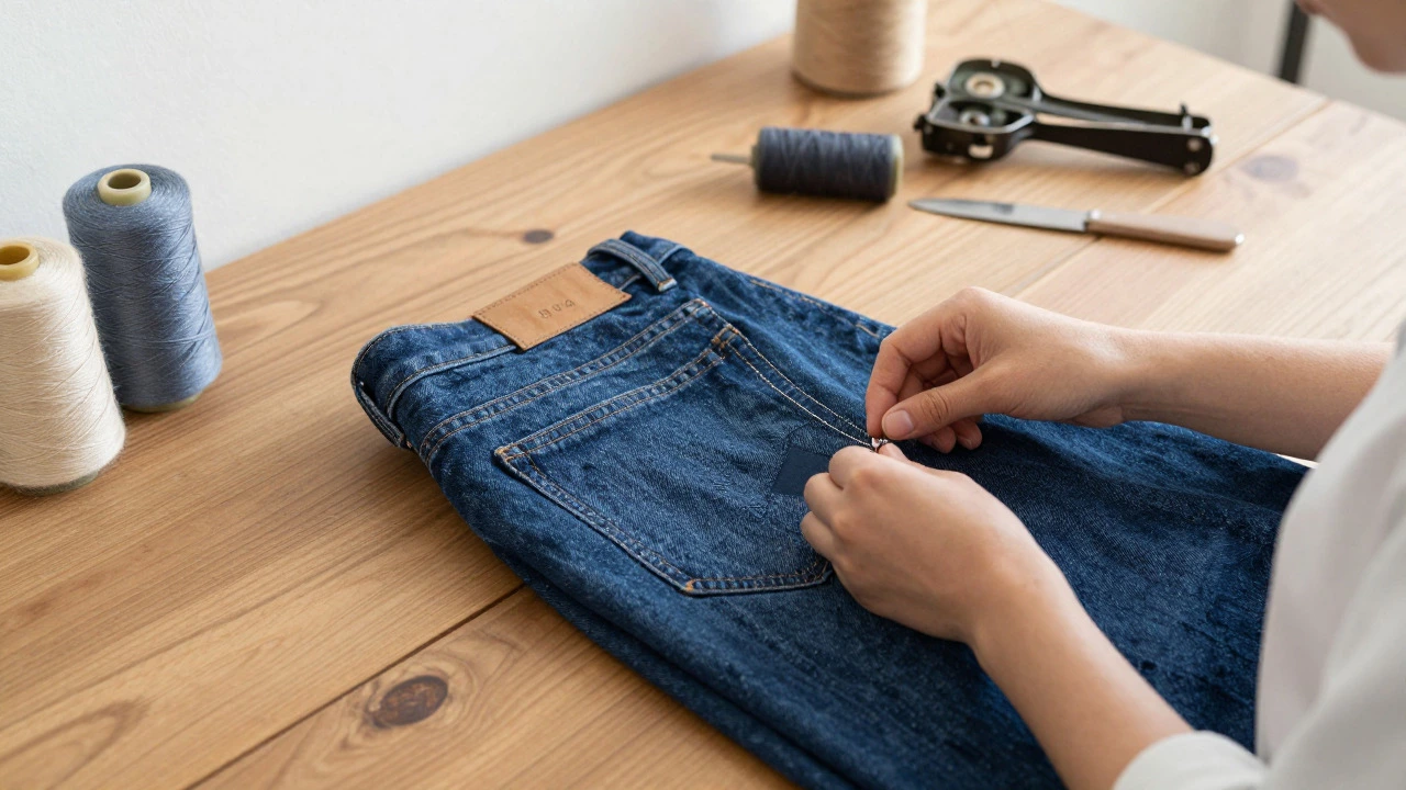 Artisan repairing raw denim jeans with chain-stitching in a workshop
