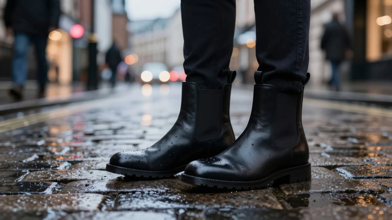 Black Chelsea boots on wet London cobblestones at night