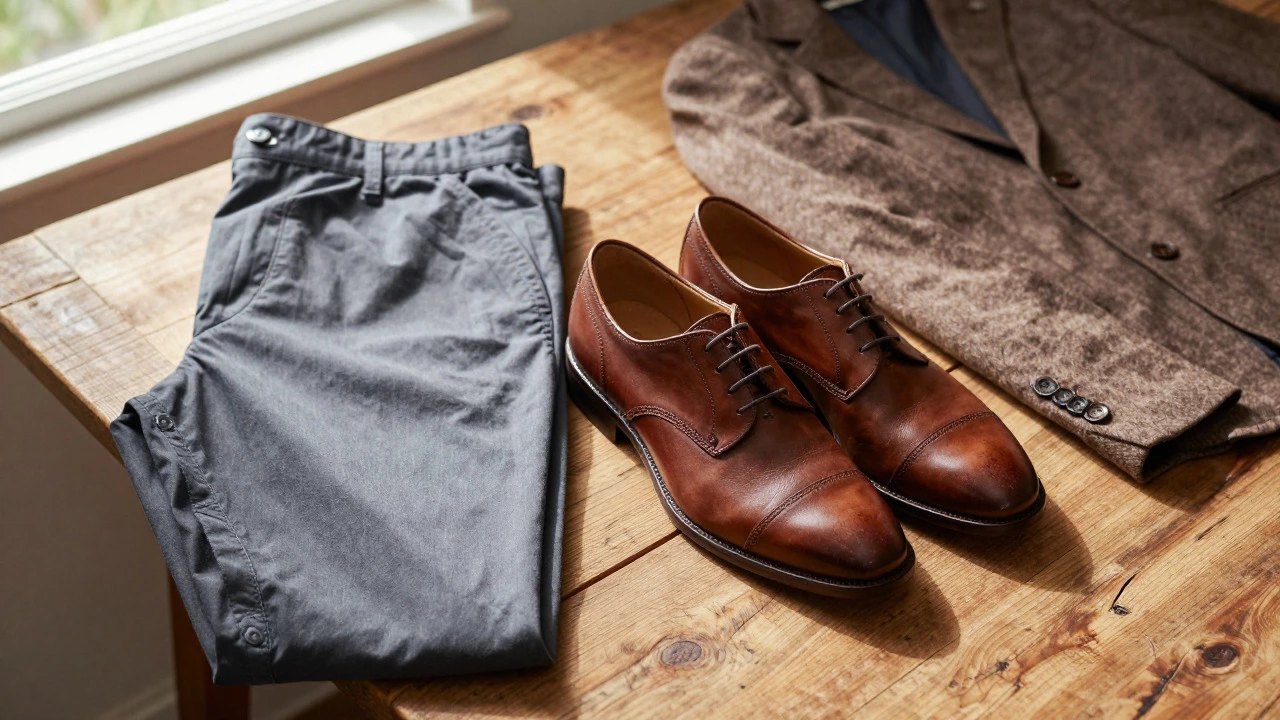 Brown leather Derby shoe styled with casual clothing