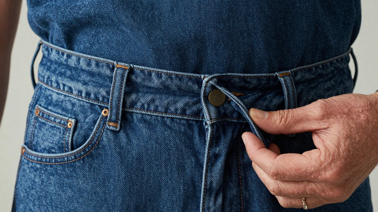 Close-up of a comfortable denim waistband with elastic details on an older person
