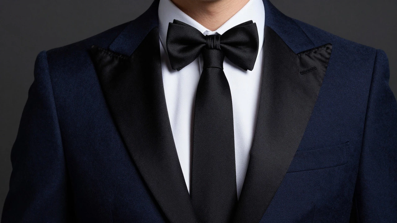 Close-up of a midnight blue tuxedo with black bow tie