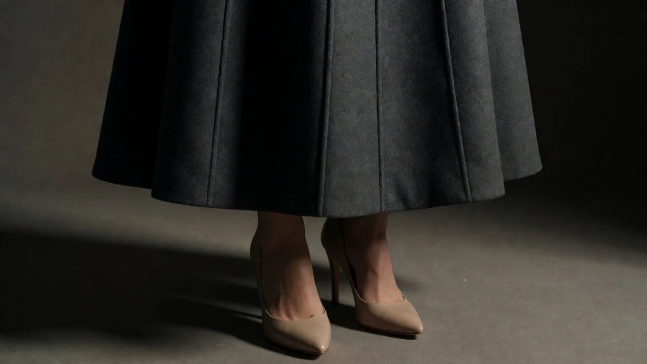Close up of princess seam dress and nude heels
