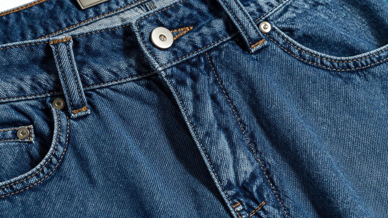 Close-up of raw denim texture showing silver hardware and precise stitching