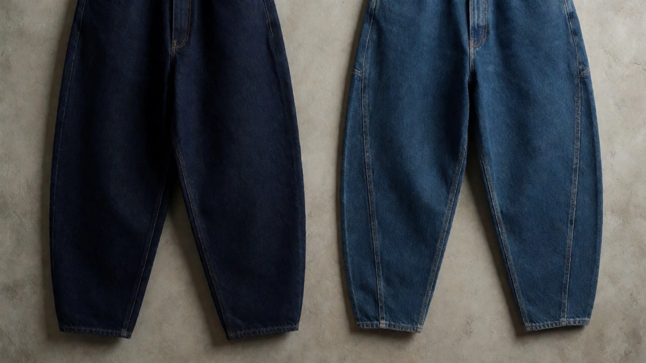 Close-up of rigid baggy jeans and barrel jeans showcasing 2024 denim silhouettes.