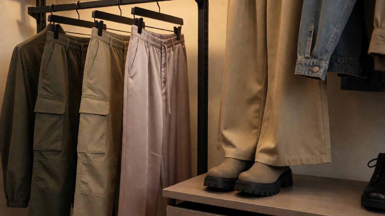 Closet display of cargo pants, satin trousers, and boots styled with wide legs.