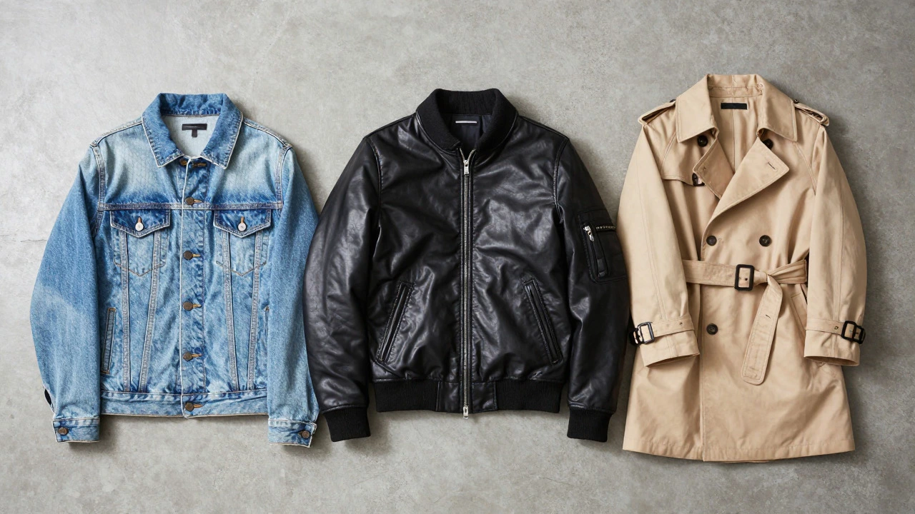 Flat lay of denim, leather bomber, and trench coats