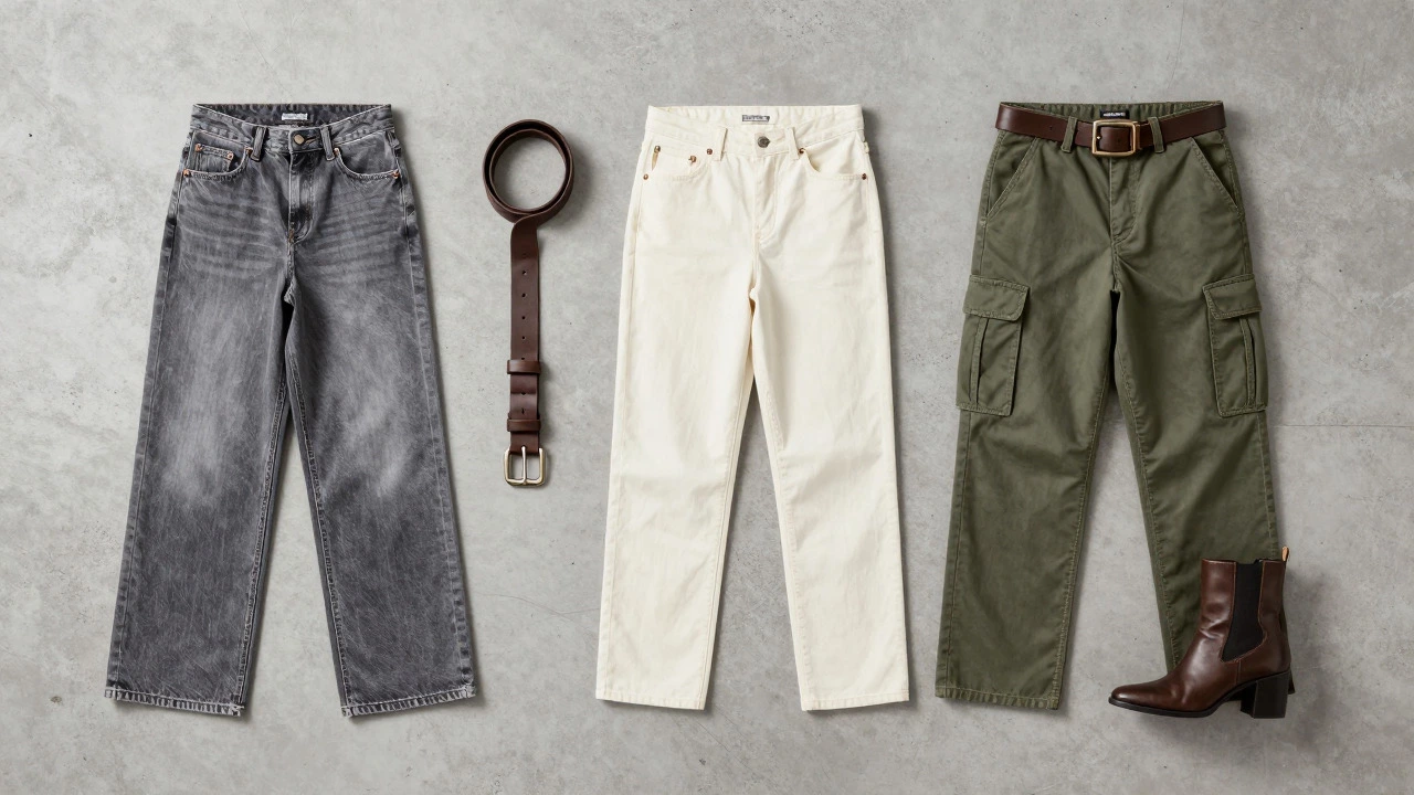 Flat lay of grey, white, and green jeans with belt and boots on concrete