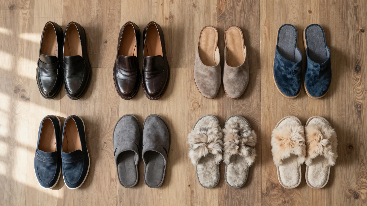 Flat lay of various indoor footwear styles including mules and slides