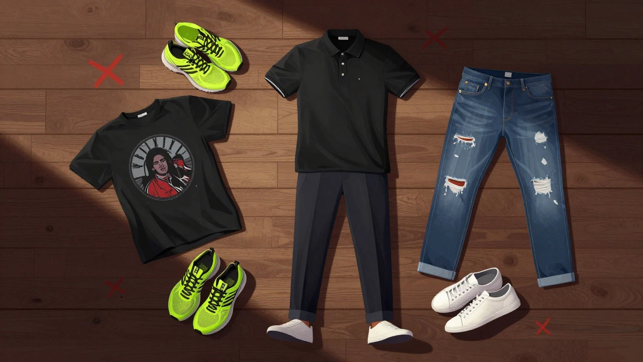 Flat lay showing rejected casual items vs correct smart casual outfit