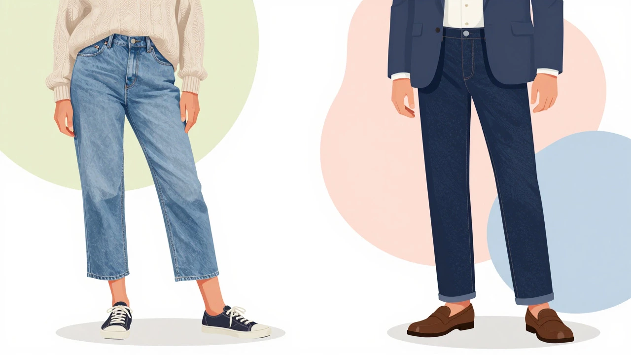Illustration comparing casual and formal denim outfits for seniors