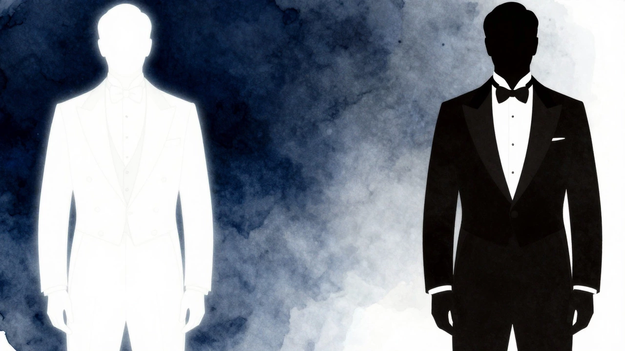 Illustration comparing white tie tailcoat and black tie tuxedo