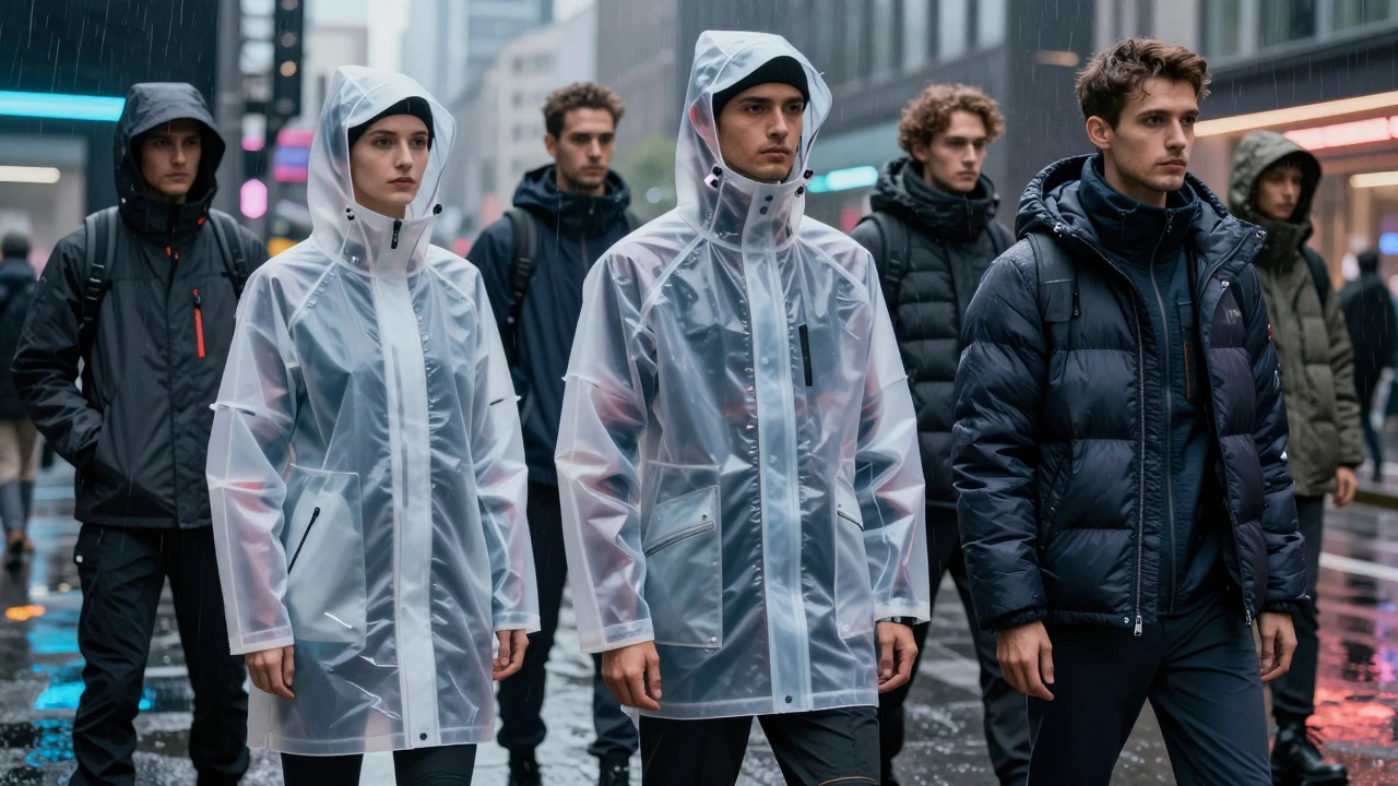 Modern urban scene showcasing high-tech performance jackets with advanced fabric technologies