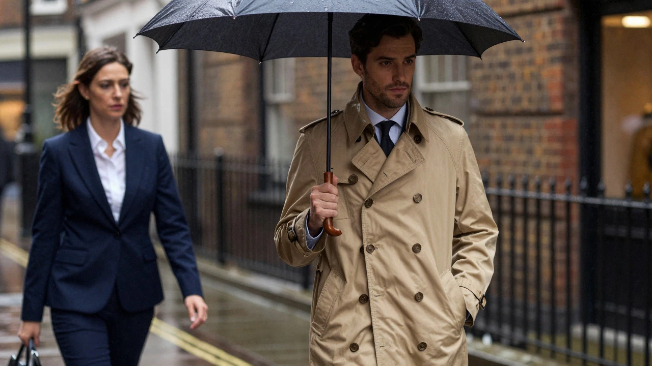 People wearing trench coat and blazer on rainy street