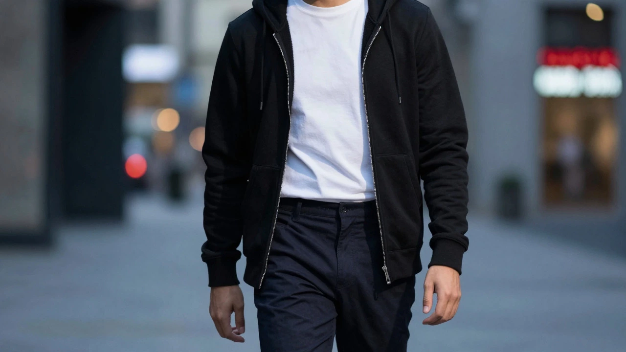 Person wearing an unzipped black hoodie over a t-shirt in a city