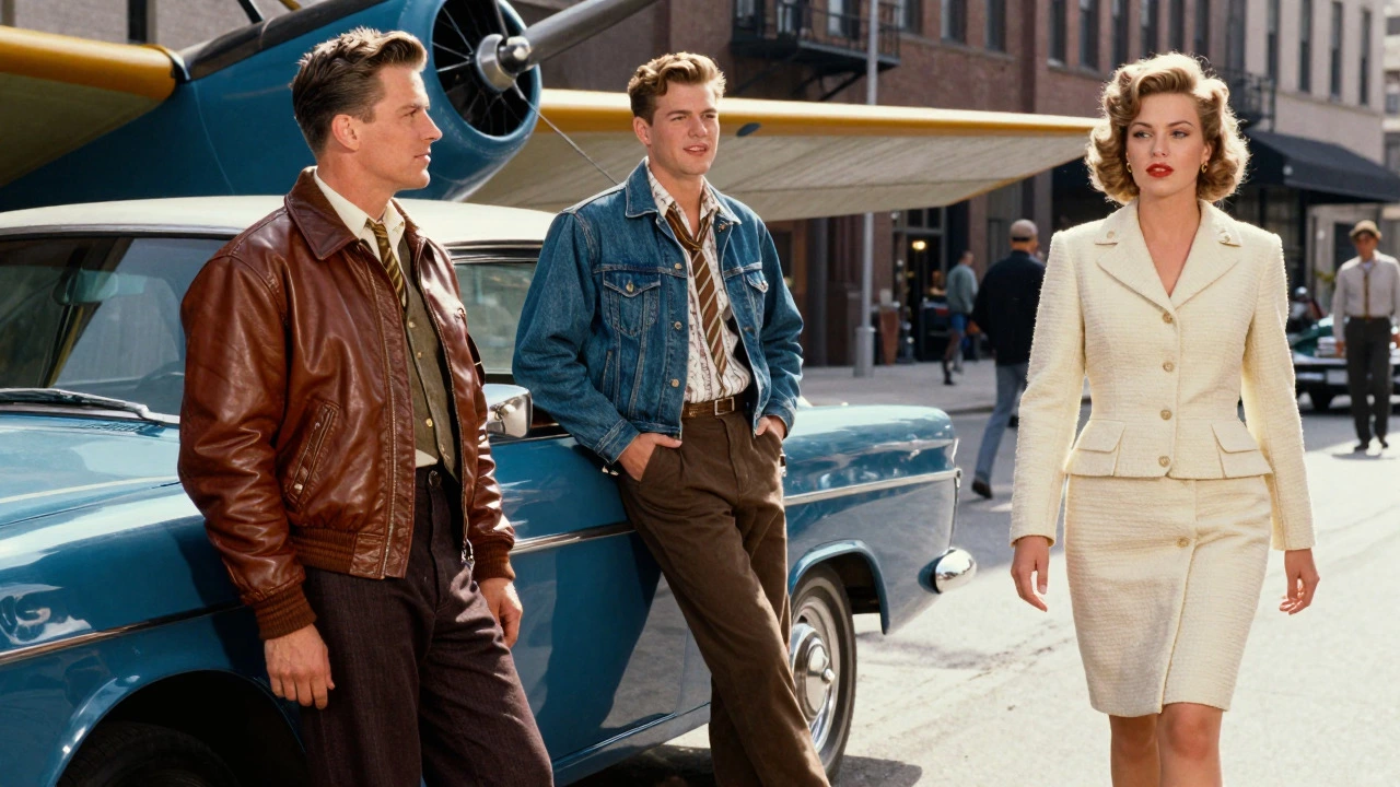 Retro street scene featuring a pilot in a bomber jacket, a teen in denim, and a woman in a suit