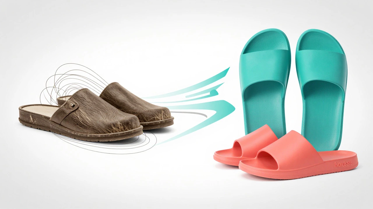 Split concept art showing vintage slippers versus modern house shoes