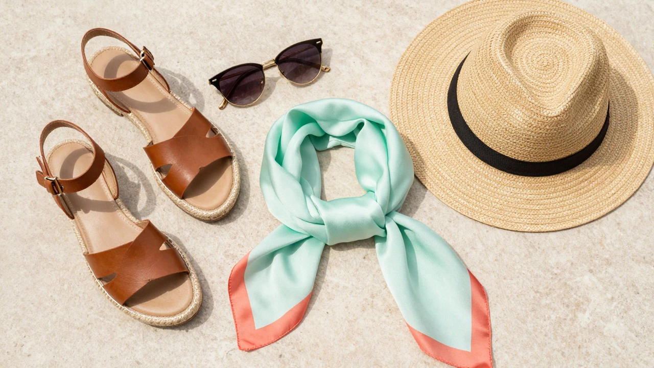 Summer accessories including straw hat, sandals, and sunglasses