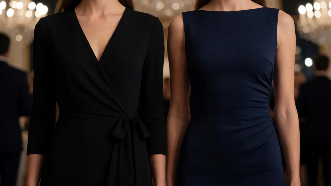 Two women in wrap and sheath dresses at gala