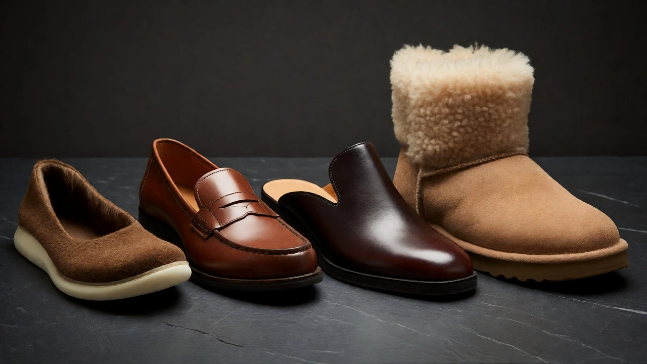Arrangement of various UK indoor footwear styles including foam shoes, loafers, mules, and sheepskin boots.