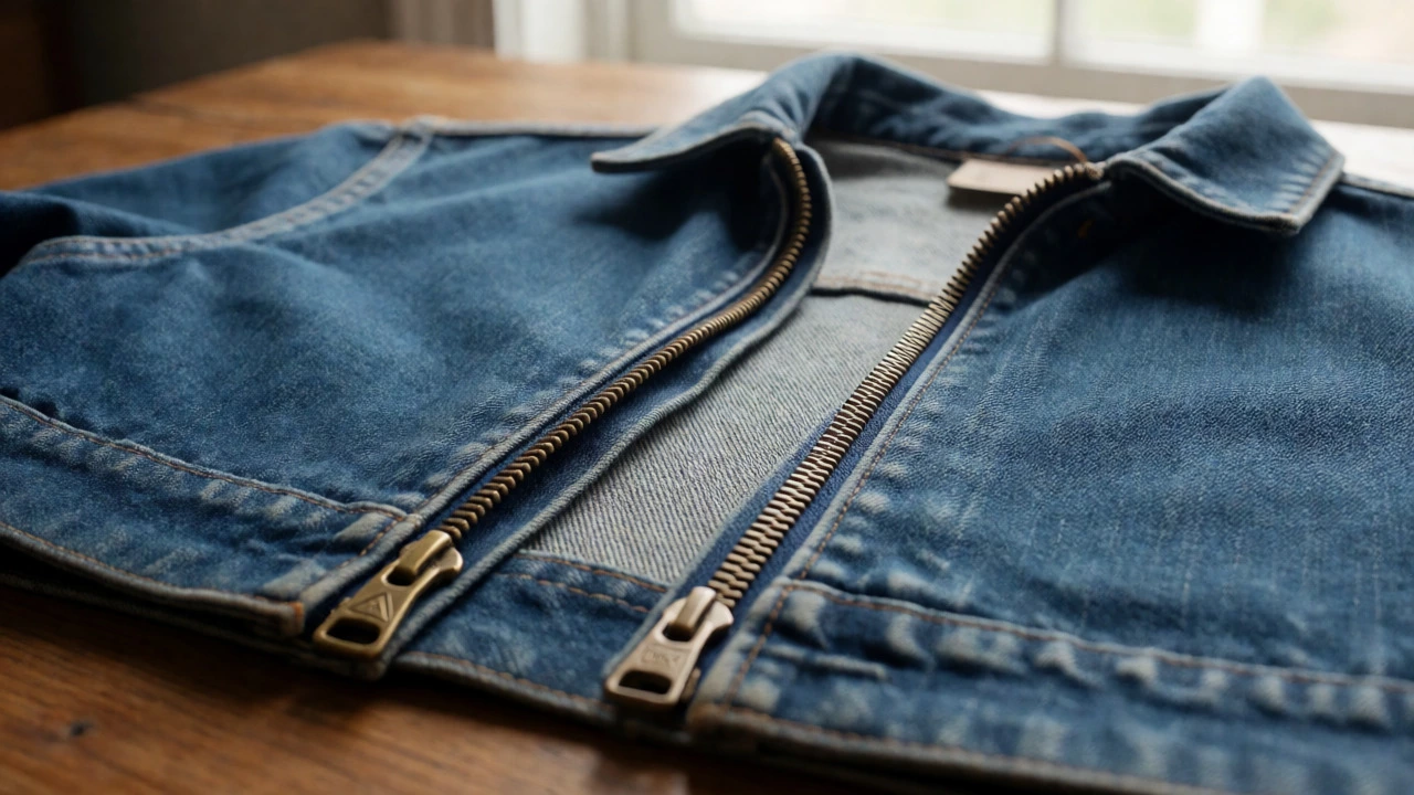 Close-up comparing Talon and YKK zippers on denim jackets.