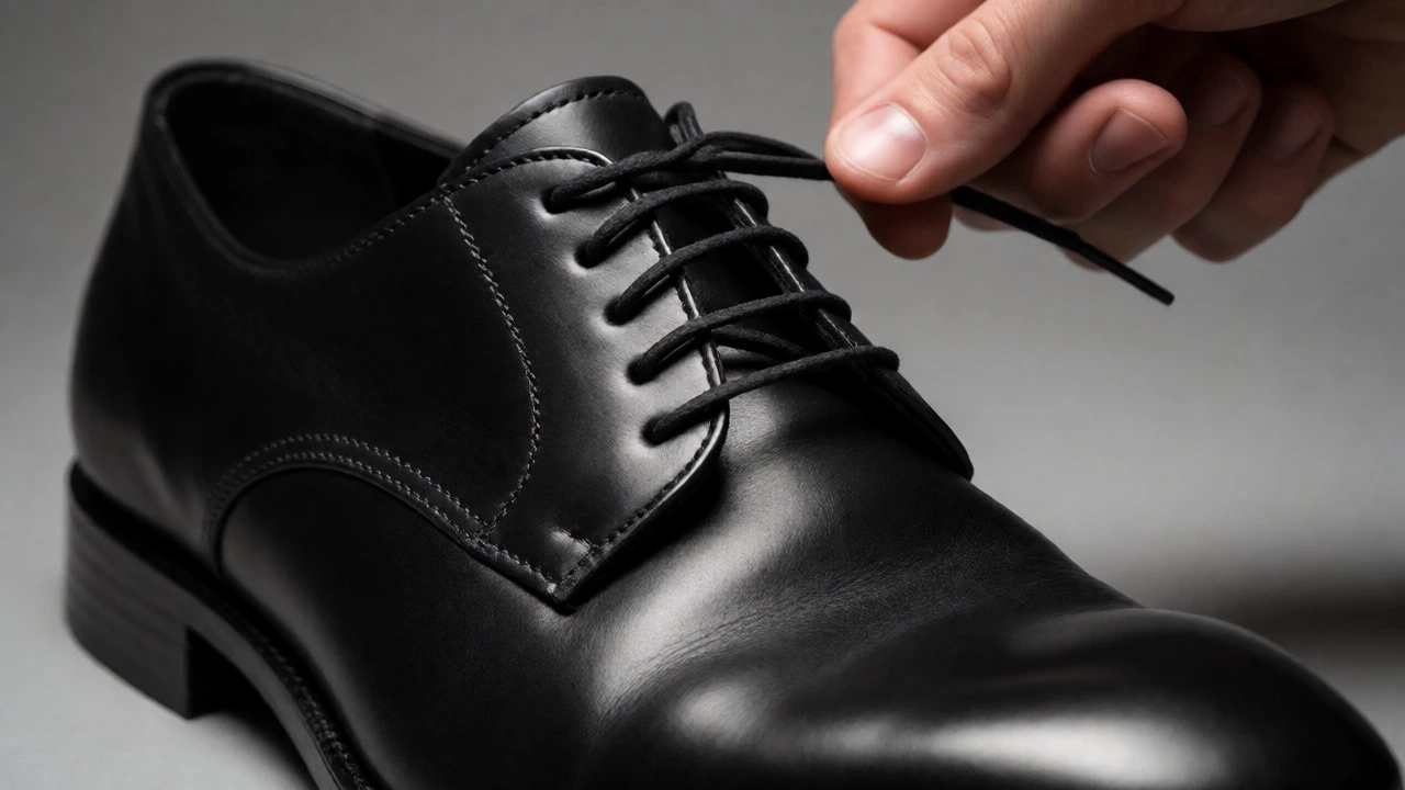 Close-up of snugly laced black leather derby shoe on instep