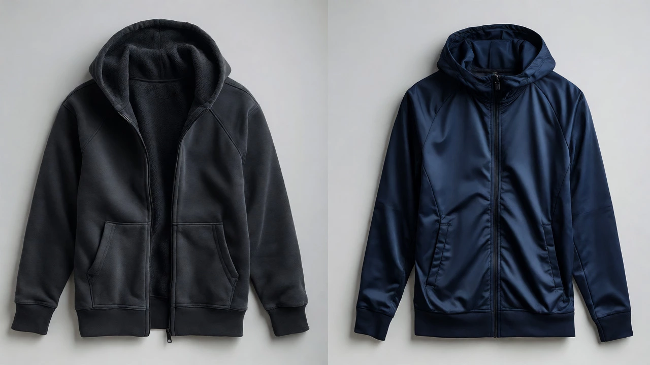 Comparison of cotton fleece and synthetic track jacket fabrics