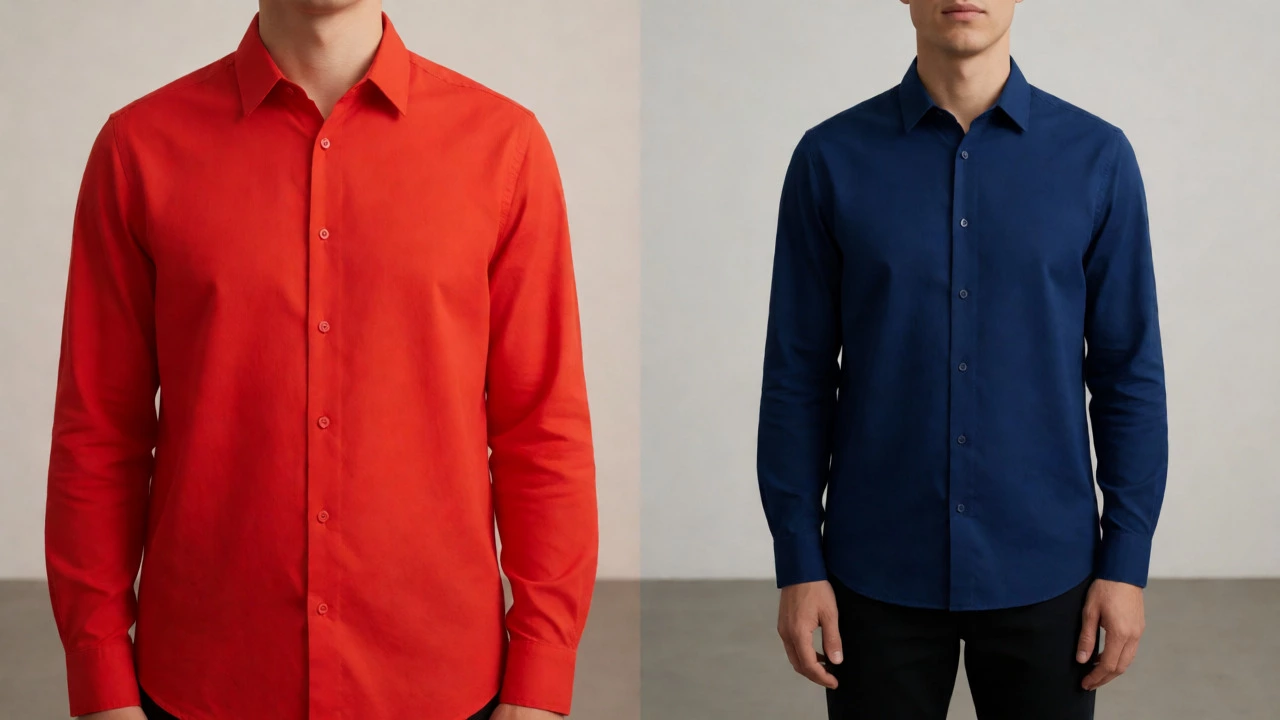 Comparison of red versus navy shirts for size