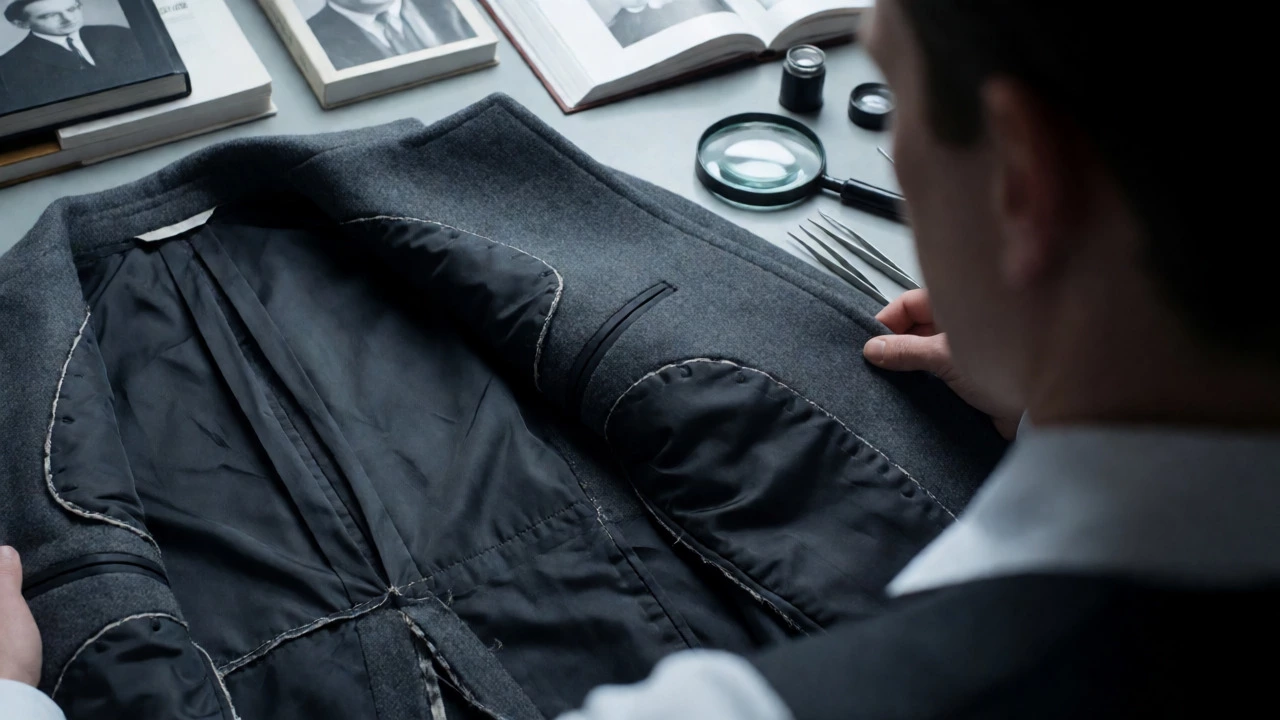 Examining single-stitch seams inside a vintage wool coat.