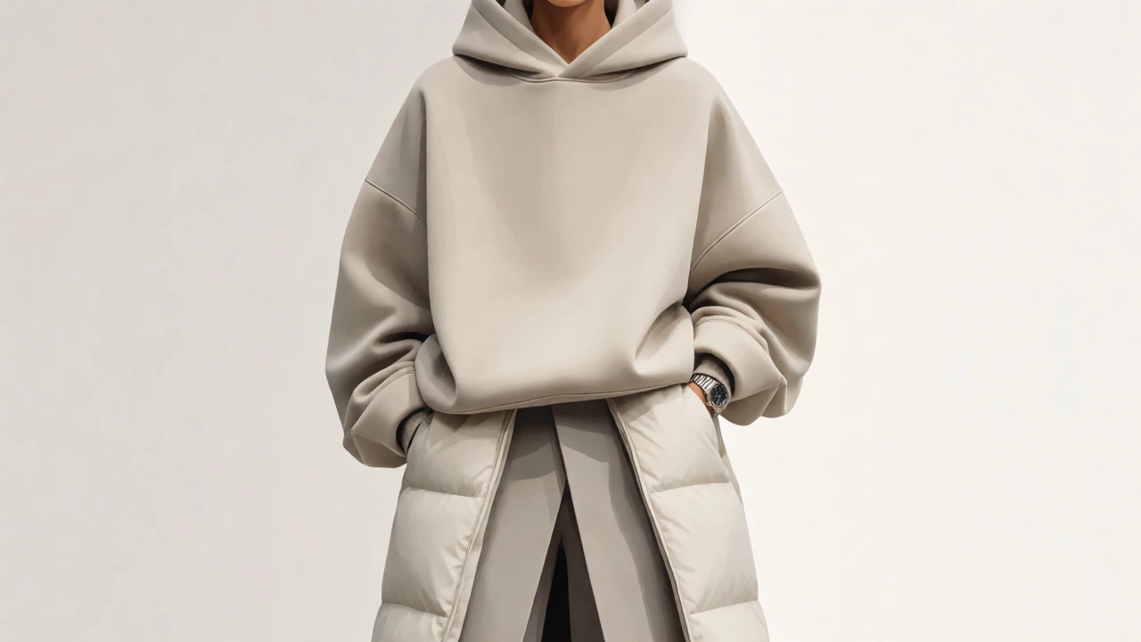 Figure styling a boxy hoodie with a French tuck and layered outerwear for balance.