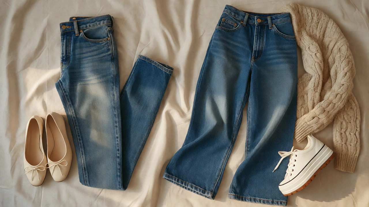 Flat lay comparing folded skinny jeans with wide-leg denim and platforms.