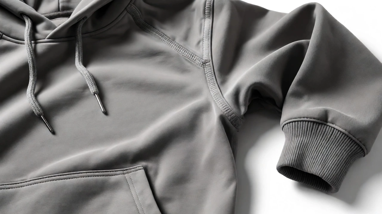Inside view of a hoodie highlighting double-stitched seams and metal aglets.