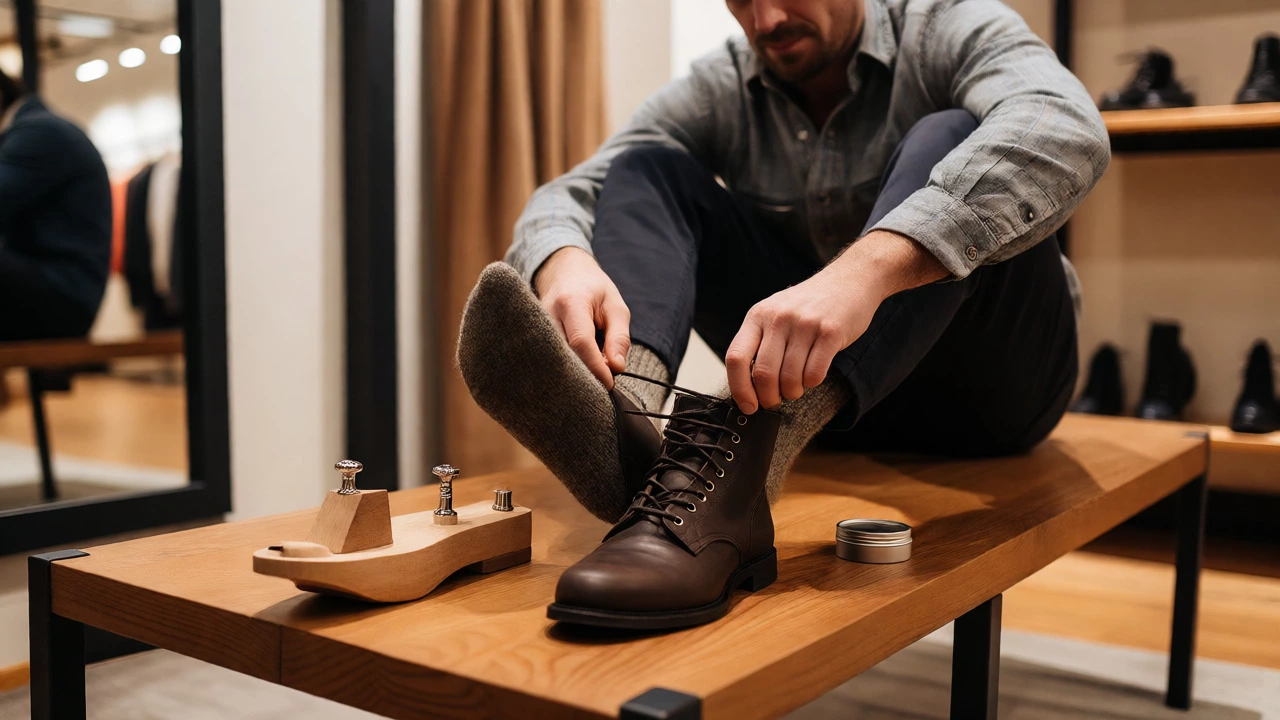 Man adjusting boot laces with thick socks in a fitting room