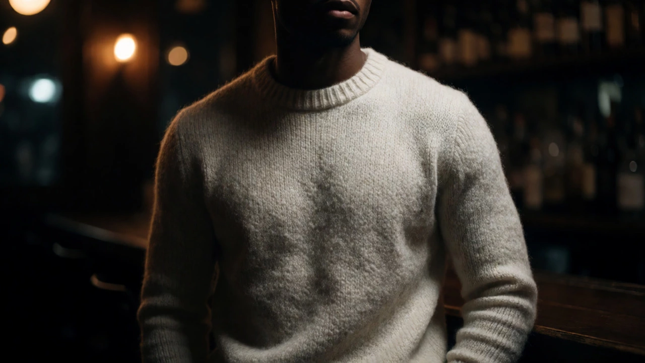 Man in cream sweater glowing in dark bar