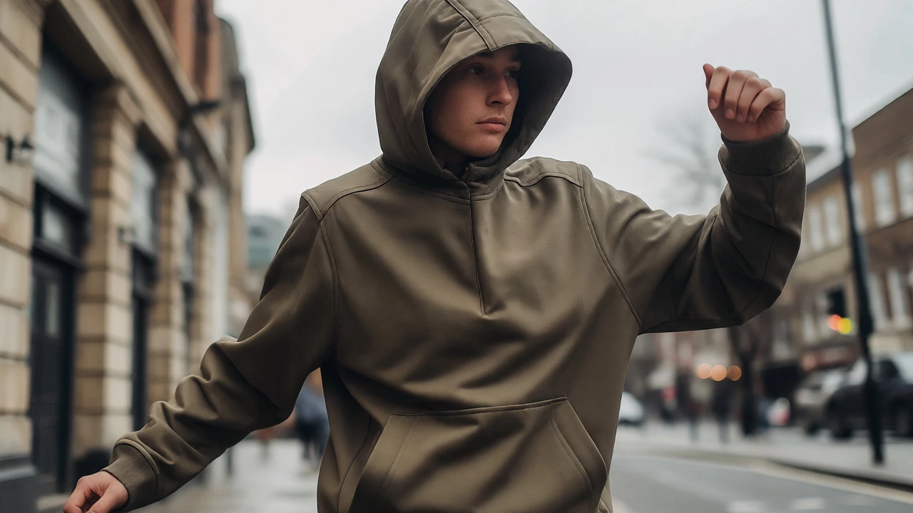 Person wearing a structured hoodie with perfect fit in an urban setting.