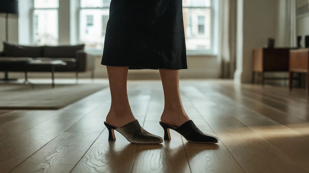 Person wearing elegant velvet mules with heels standing on polished wood floors in a modern London apartment.