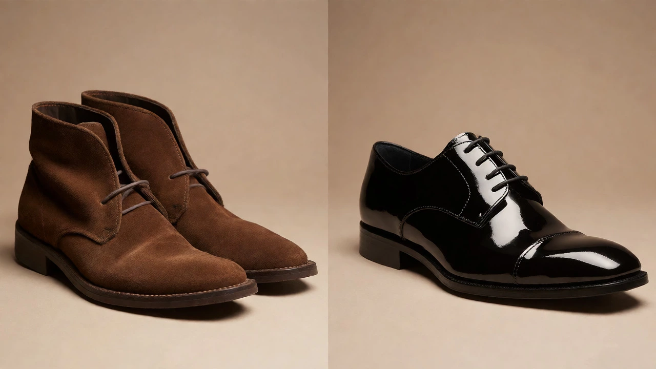 Side-by-side comparison of stretchy suede and rigid patent leather shoes