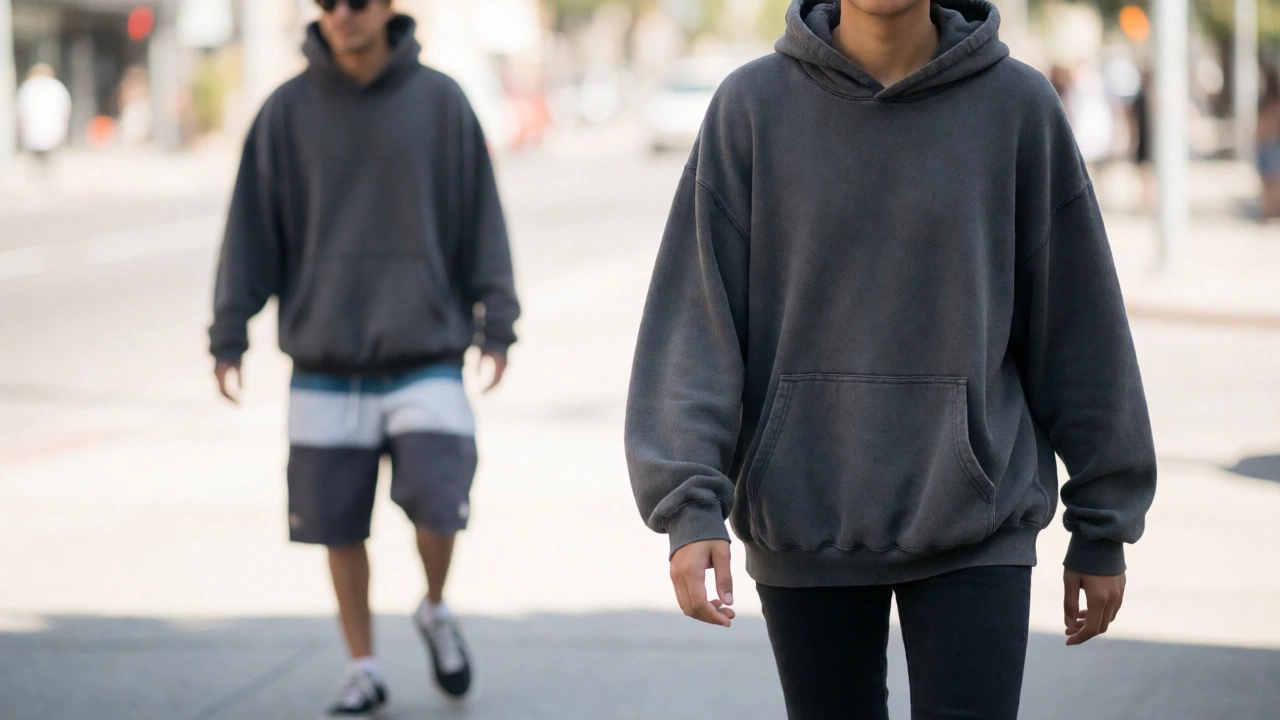 Street style comparison of baggy hoodies in London and Los Angeles settings.