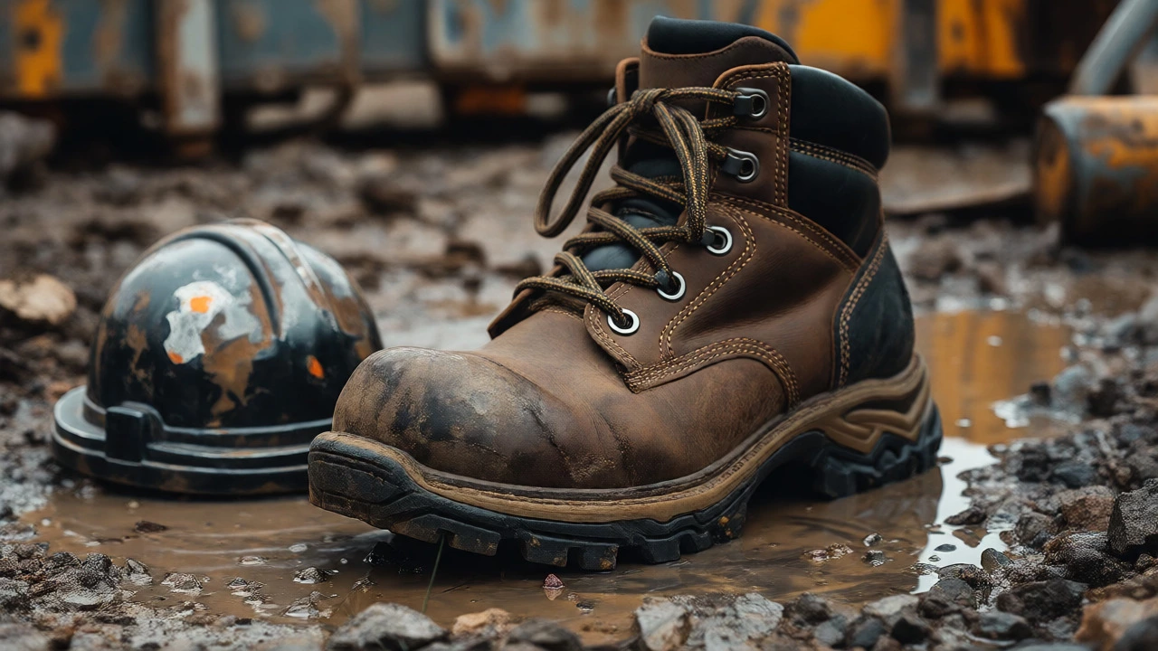 Sturdy steel-toe work boots on a muddy construction site
