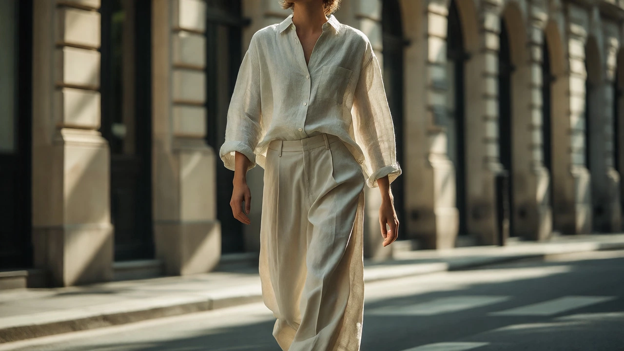 Stylish figure in loose linen shirt and wide-leg pants walking outdoors
