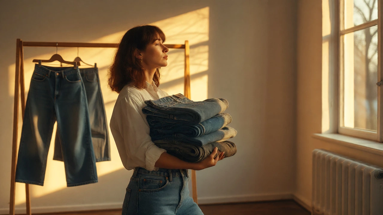 Woman holding worn denim jeans in a sunlit room emphasizing sustainability.