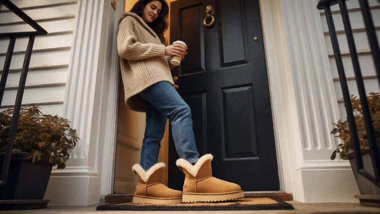 Woman wearing sheepskin-lined boots at her front door